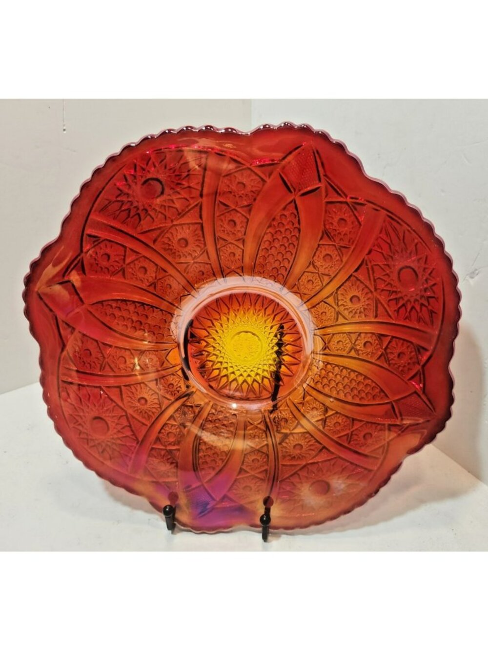 Vintage Indiana Glass Heirloom Sunset Red Carnival 12” Cake Serving Plate